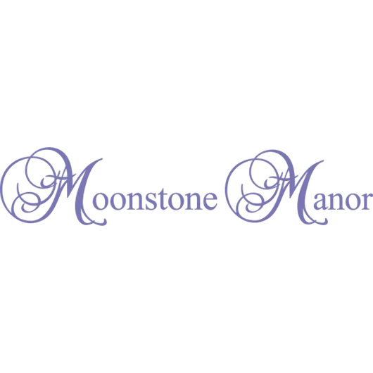 Purple “Moonstone Manor” decorative script logo on a white background