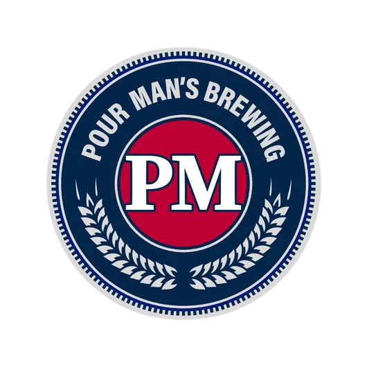 Pour Man's Brewing logo with blue circular seal and red center reading PM