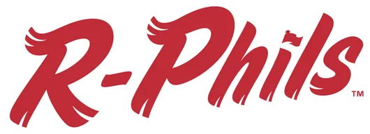 Red R-Phils logo in script lettering with a baseball bat element above the “i” and “l”s