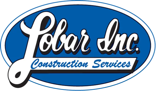 Blue oval logo with Lobar Inc construction services in white and black text