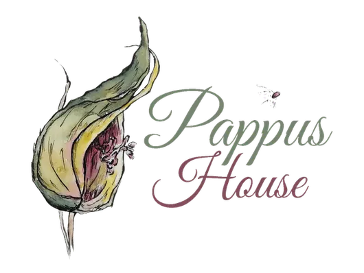 Pappus House logo with a green flower bud and elegant green and pink script text